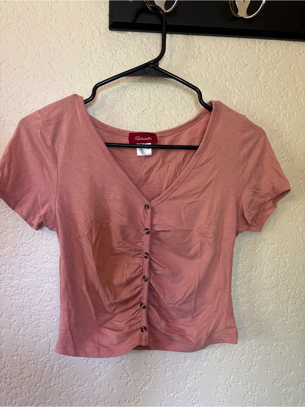 Pearlescent Button-Down V-Neck Crop Top in Dusty Rose